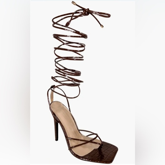 Azalea Wang Shoes - NEW Azalea Wang Gladiator Wrap Leg Heeled Sandals Open Toe Croc Brown sz 8.5